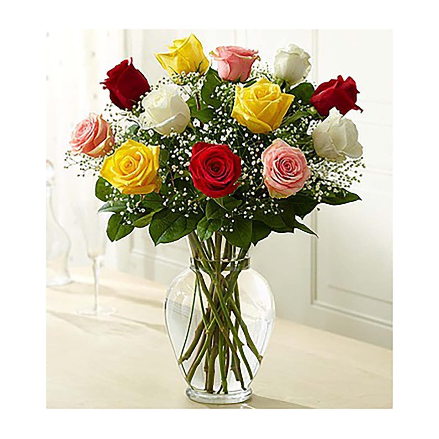 1 Dozen Assorted Colored Roses Flower Bouquet