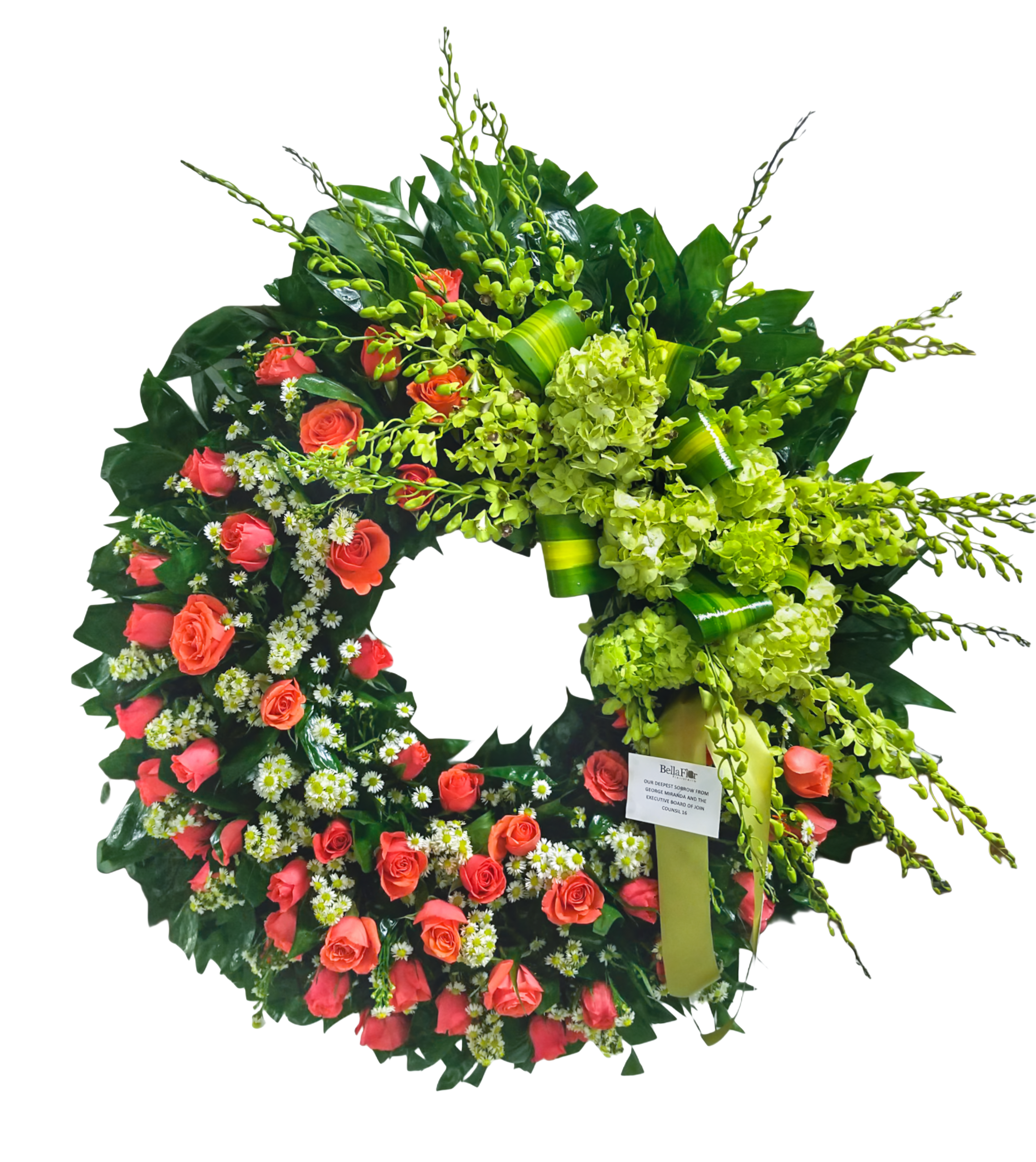 C-26 Corona redonda de rosas, hortensias y orquí­deas