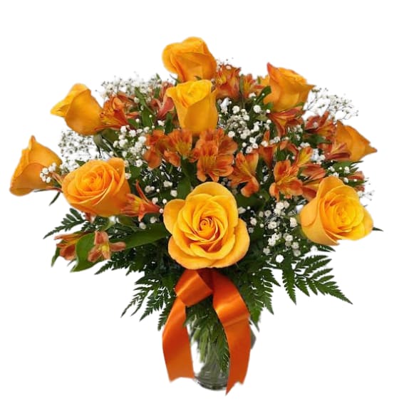 Premium 12 Orange Roses With Orange Alstroemeria R-230 Flower Bouquet