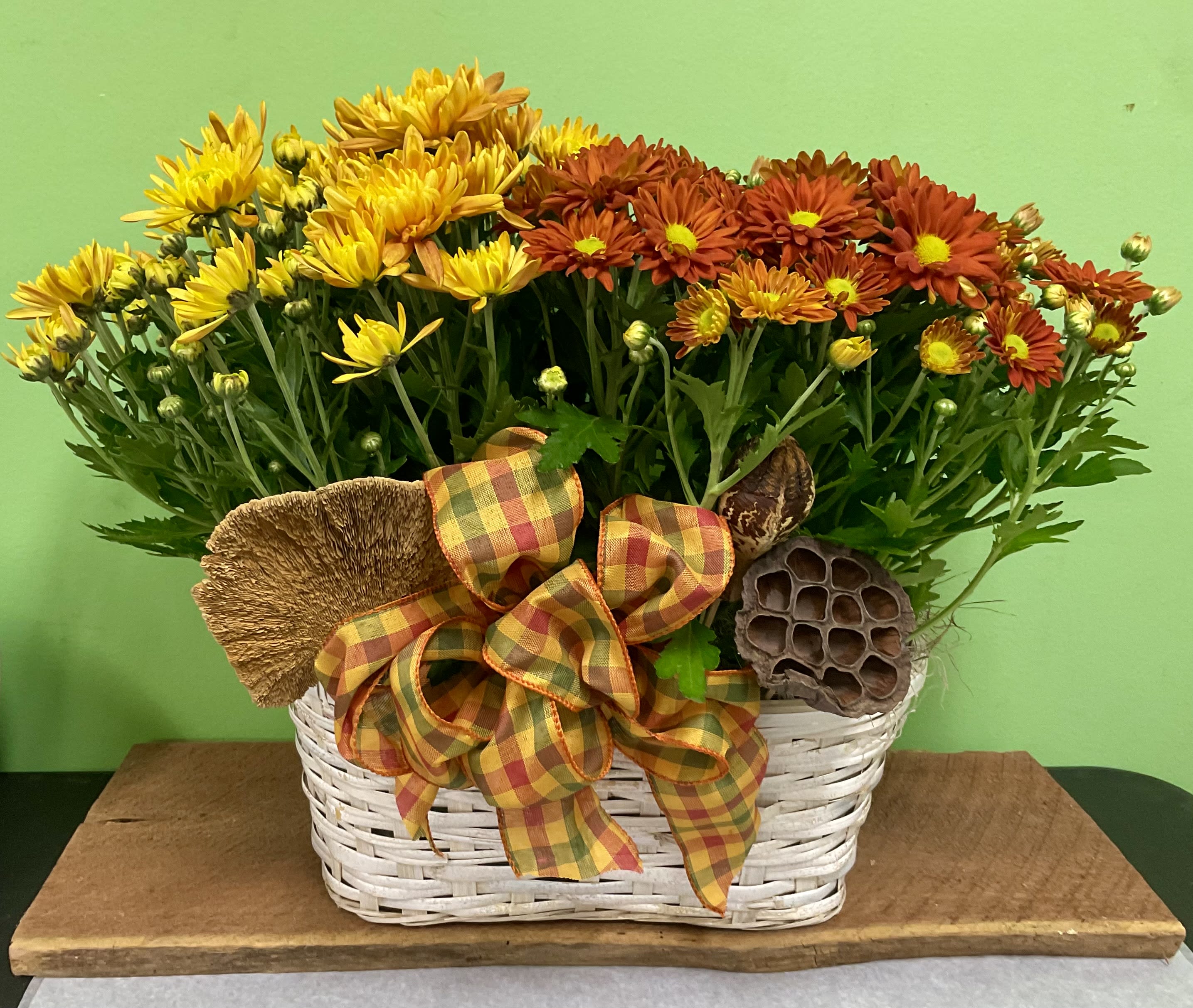 Mums in a Basket Flower Bouquet