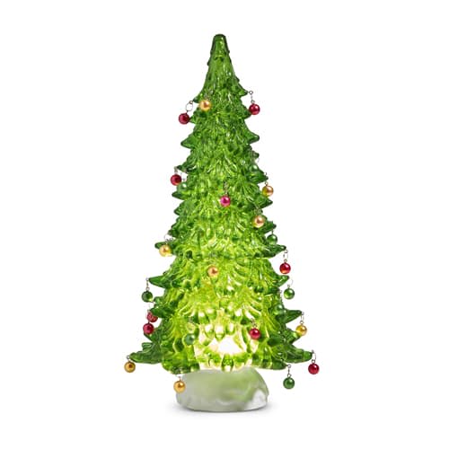 LIGHTED GREEN TREE W/ ORNAMENTS & SWIRLING GLITTER 14.5''