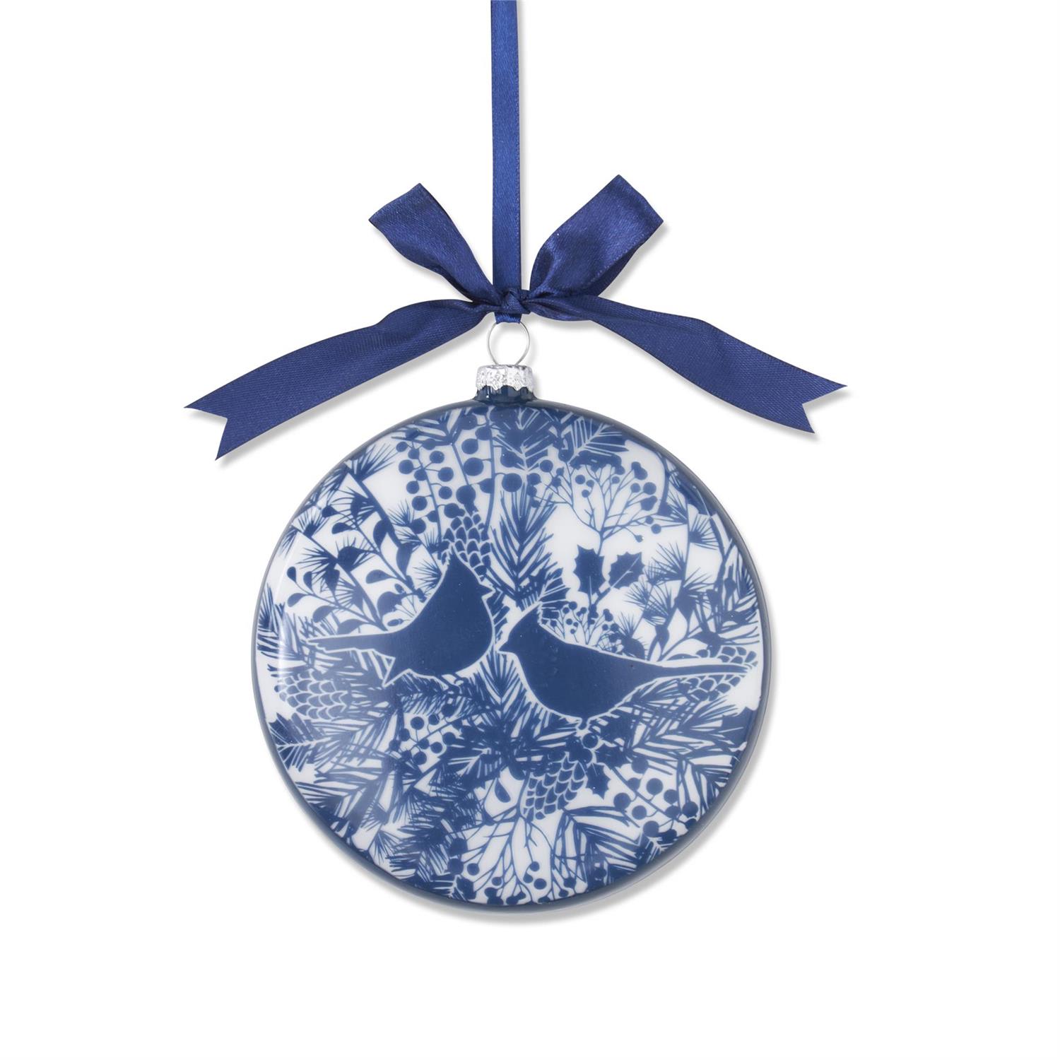BLUE & WHITE FLORAL PRINT W/ BIRDS FLAT ROUND GLASS ORNAMENT 5''