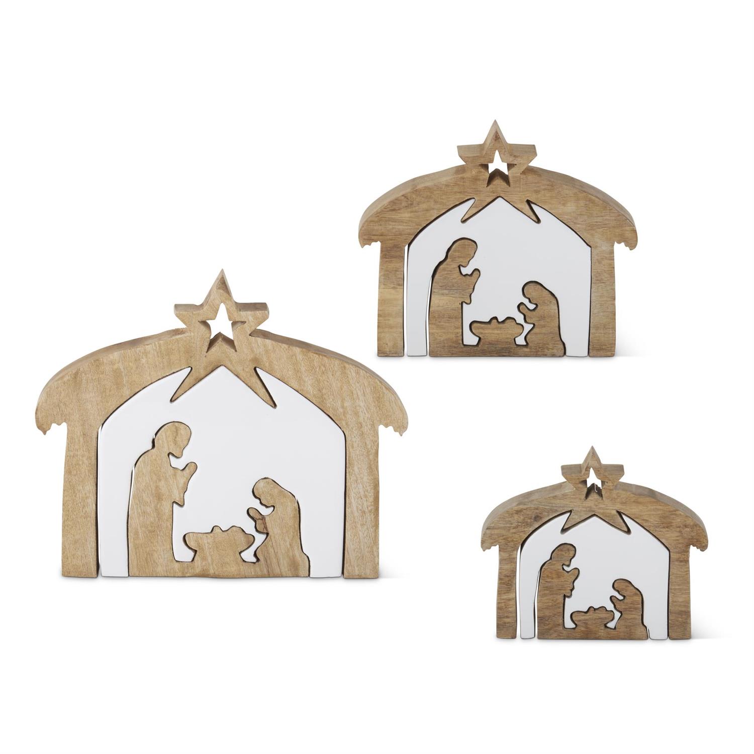 3 SIZES- WOOD NATIVITY W/ WHITE ENAMELED CENTER CUTOUTS