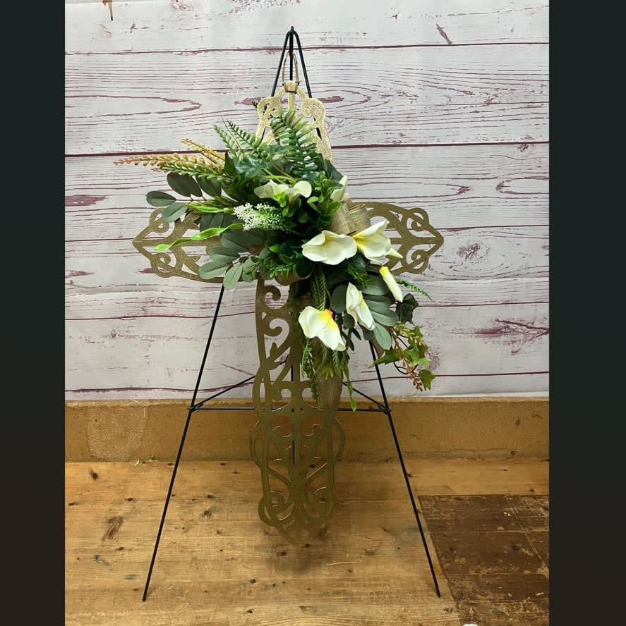 Galvanized Metal Cross with Silk (Artificial) Florals