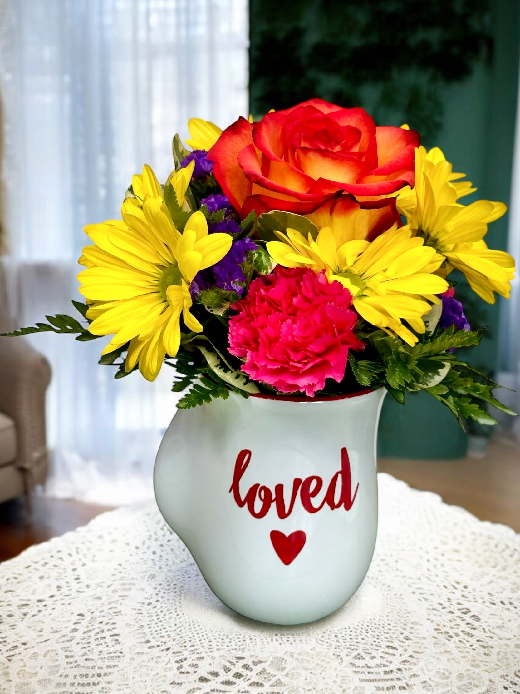 Loved Handwarmer Mug 18 oz Psalm 23:6 White and Red Flower Bouquet