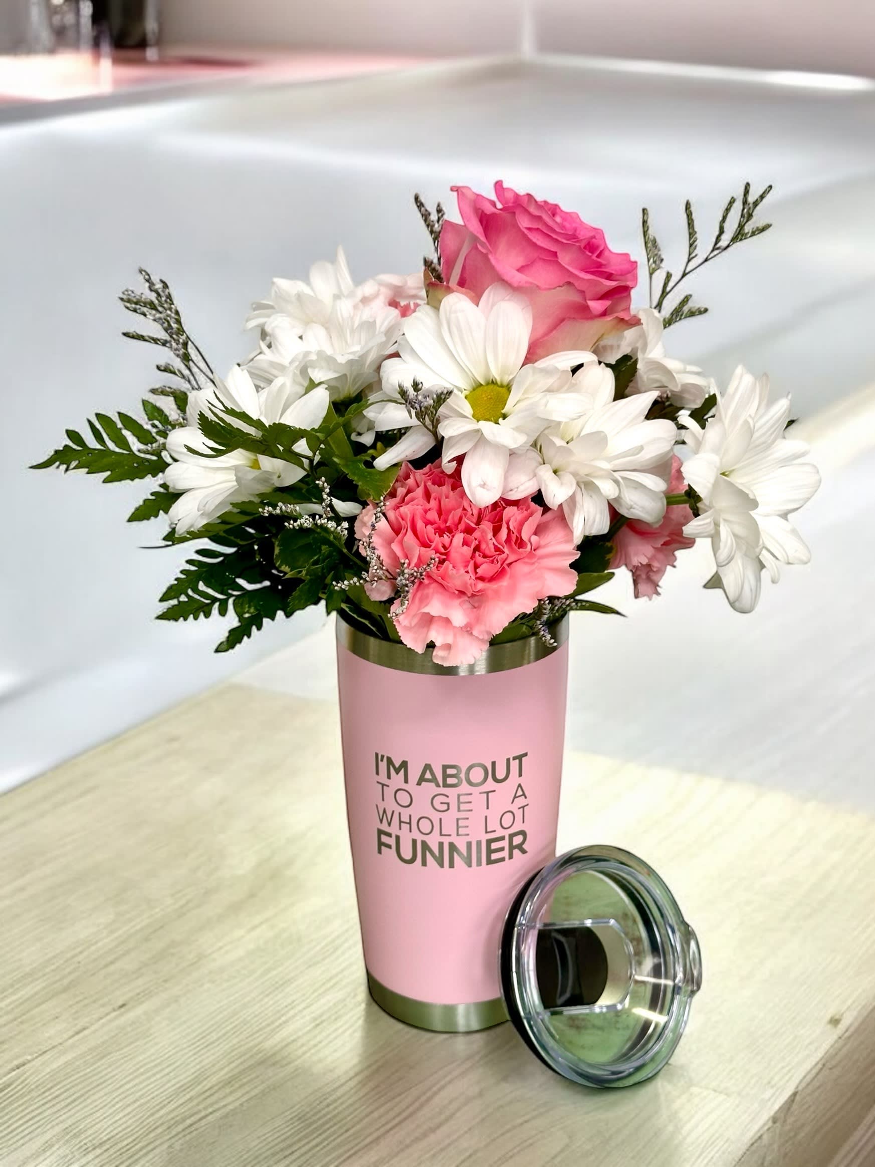 About to Get Funnier Tumbler 20 oz IN PINK!!! Flower Bouquet