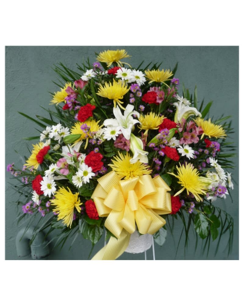 FUNERAL BASKET-RED, YELLOW, WHITE, PURPLE & PINK Flower Bouquet