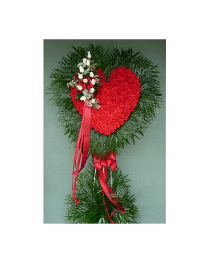 HEART OF CARNATIONS WITH WHITE ROSE CLUSTER Flower Bouquet