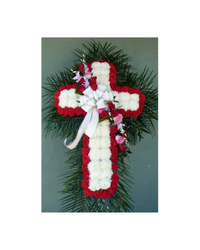 MUM CROSS WITH RED CARNATIONS & ROSE/ORCHID BREAK Flower Bouquet