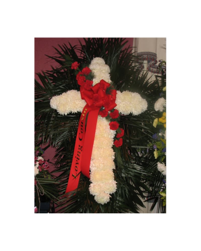 WHITE MUM CROSS WITH RED CARNATION BREAK Flower Bouquet