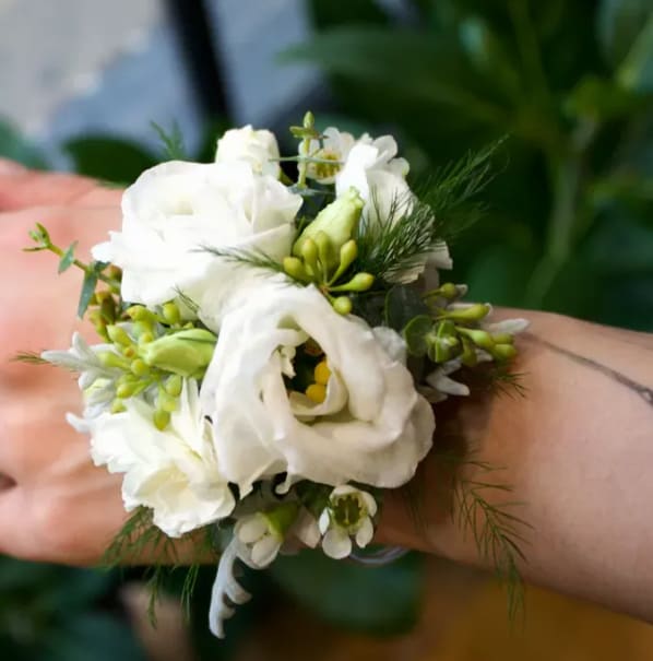 White Lisianthus Wrist Corsage Flower Bouquet