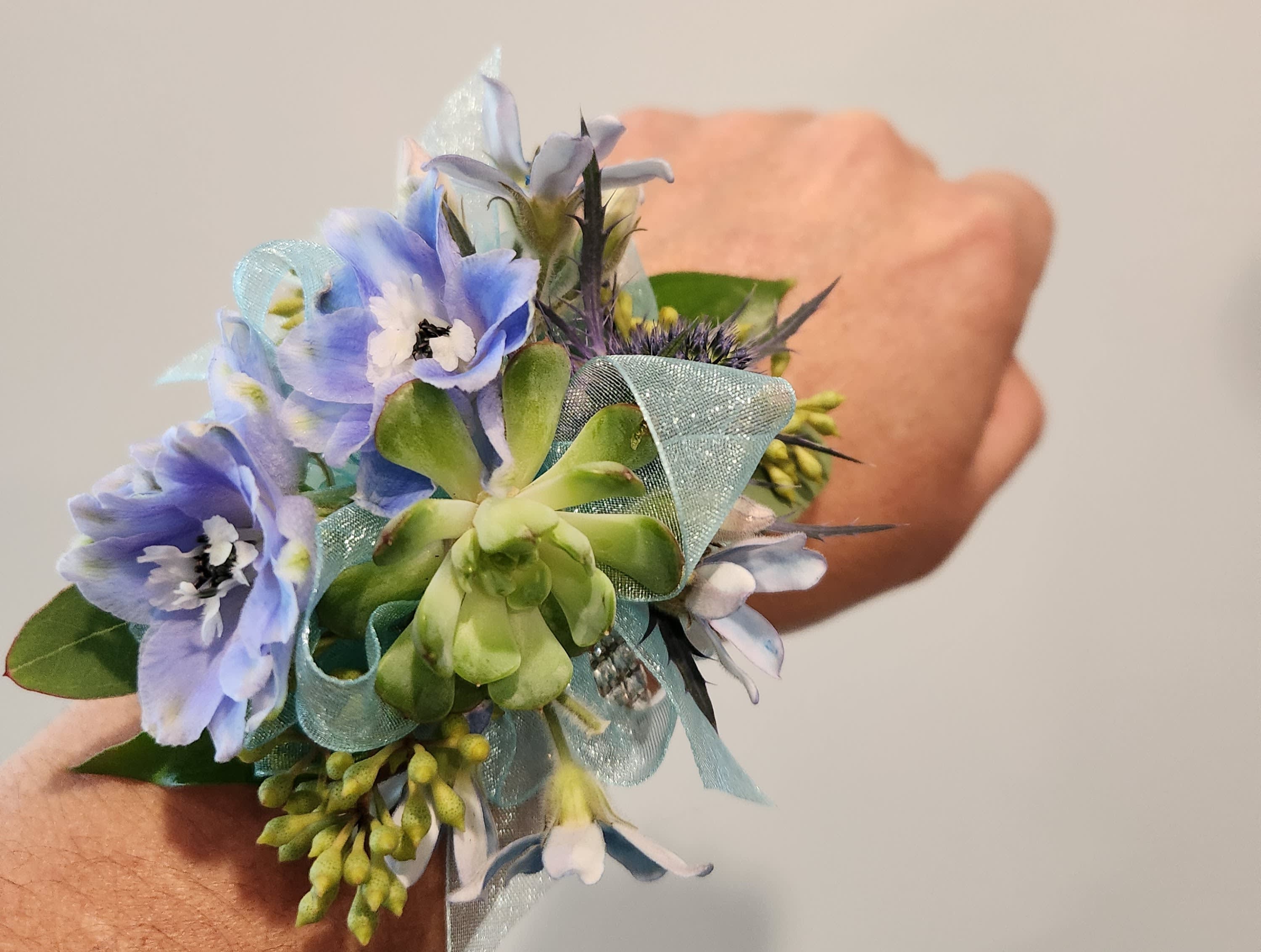 Blue focused Wrist corsage Flower Bouquet