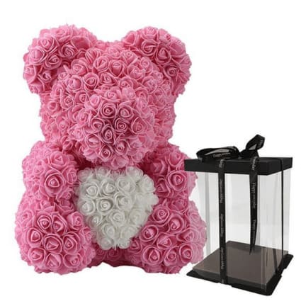 Pink Rose Bear With White Heart