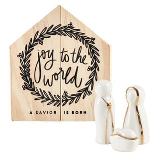 CERAMIC FIGURES PINE BOX- JOY TO THE WORLD