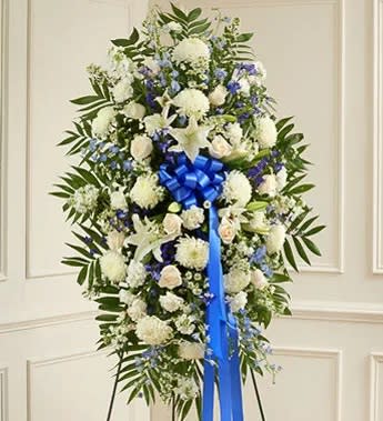 Profound Sympathies Standing Spray – Blue & White Flower Bouquet