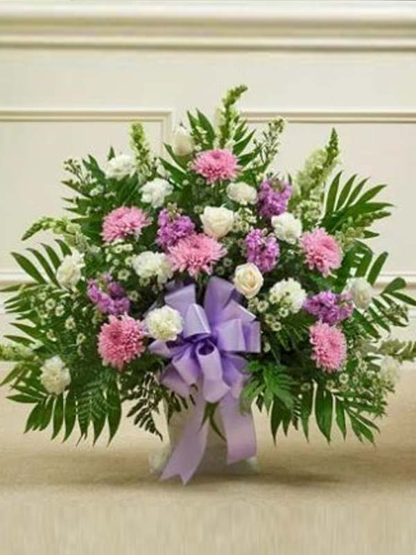 Touching Tribute Floor Basket – Lavender & White Flower Bouquet