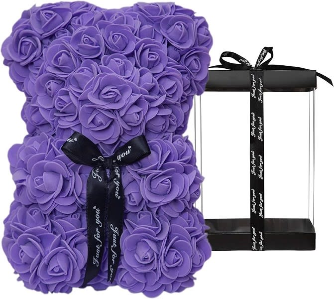 10" Purple Rose Bear W/Gift Box Flower Bouquet