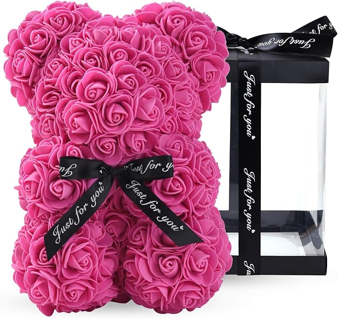 10" Hot Pink Rose Bear W/Gift Box Flower Bouquet