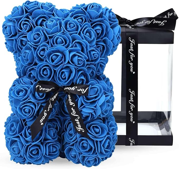10" Navy Blue Rose Bear W/Gift Box Flower Bouquet