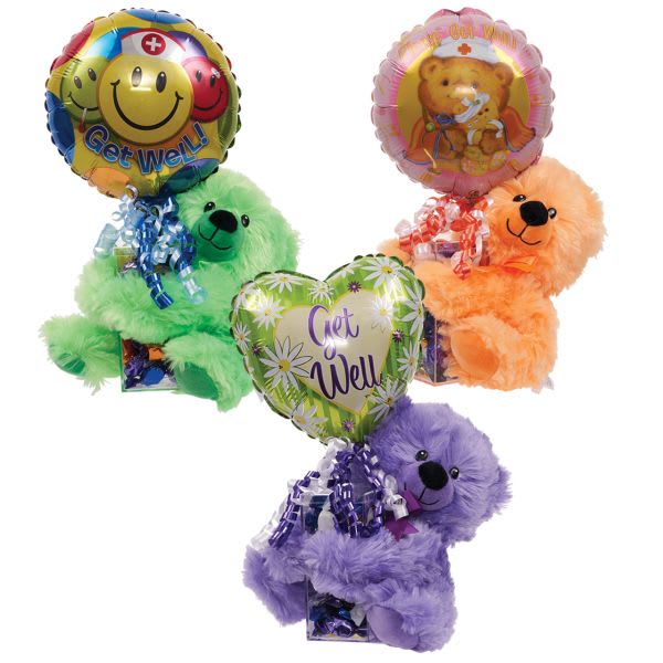 Get Well Bear with candy and balloon Flower Bouquet