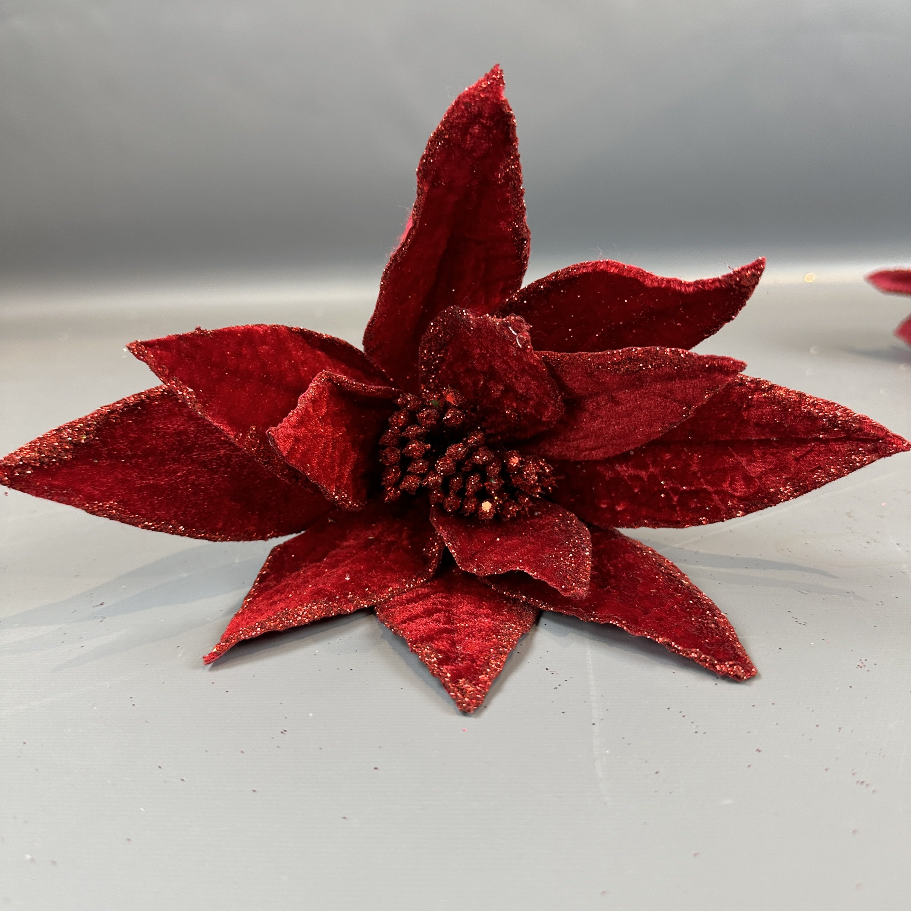 RED GLITTERED VELVET POINSETTIA STEM