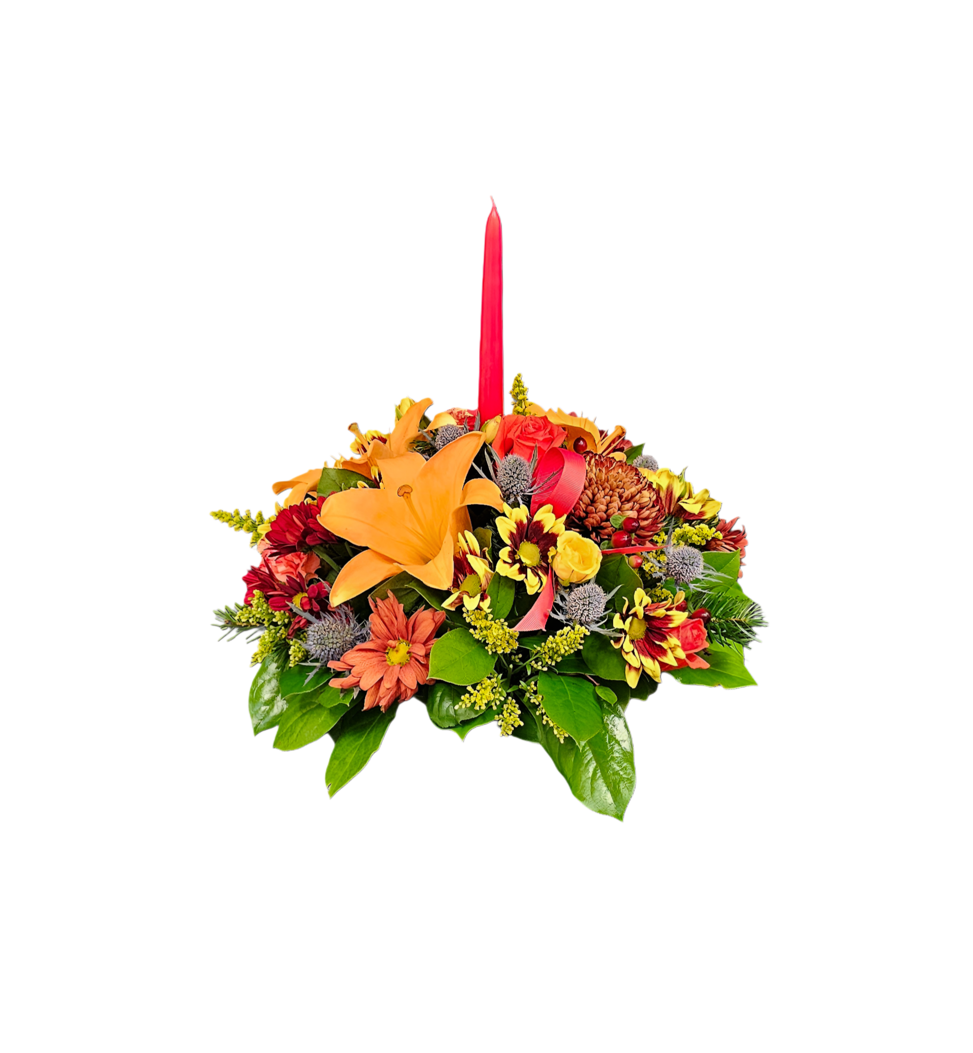 FL-1 Centro de mesa otoñal de lirios, rosas, margaritas, spray roses, crisantemos y eryngium