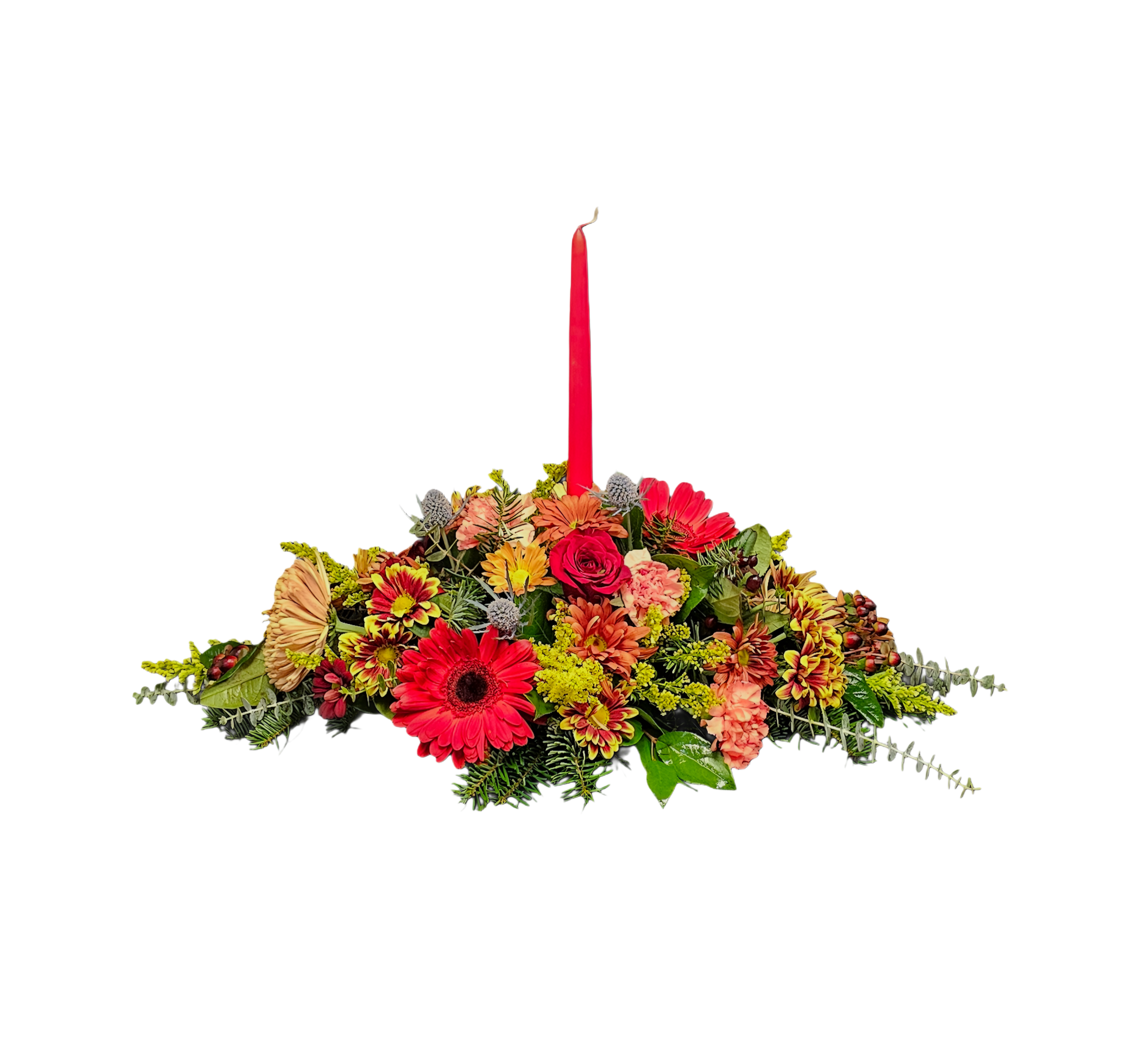 FL-3 Centro de mesa alargado para el otoño de gerberas, lirios, rosas, margaritas, spray roses, crisantemos y eryngium