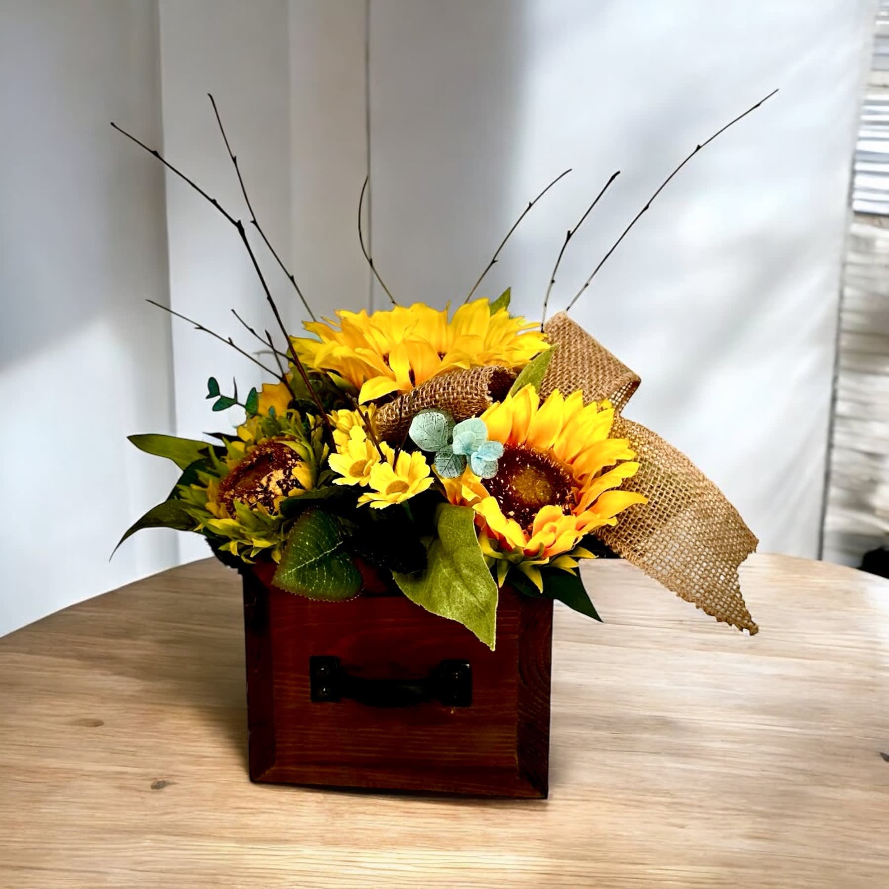 Silk Sunflower Charm in a Rustic Drawer