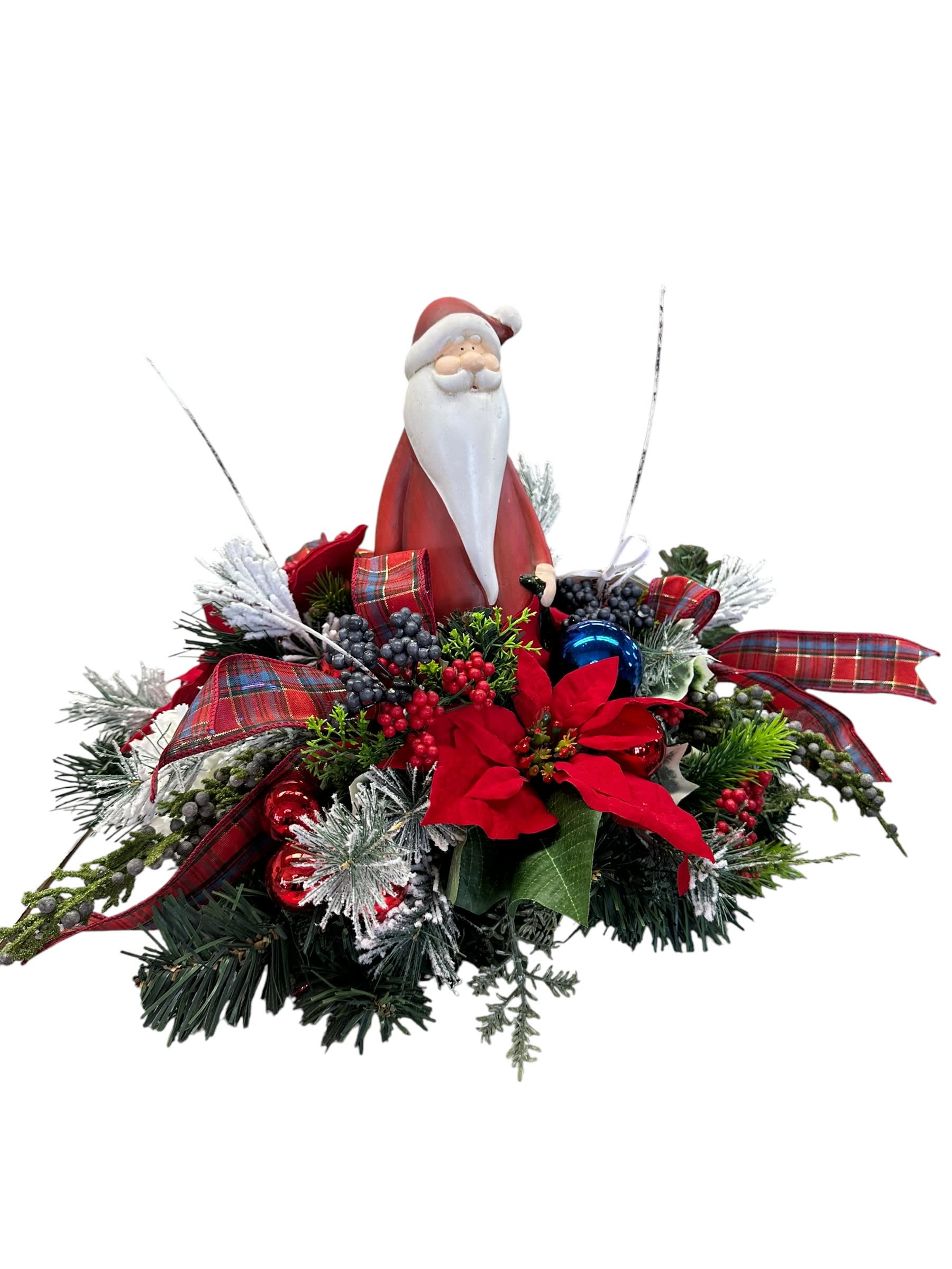 Rustic Folk Art Santa in Festive Floral Bed Flower Bouquet