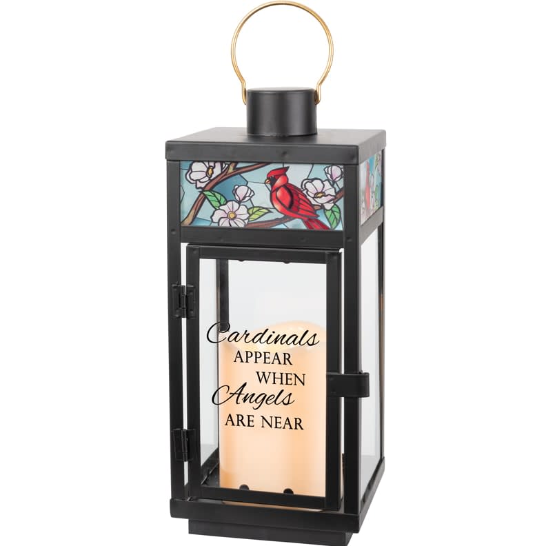 "Cardinals Appear" Stained Glass Top Memorial Lantern Flower Bouquet