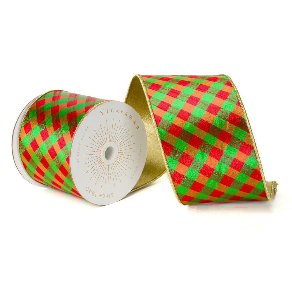 RED & GREEN DIAGONAL CHECKER WITH GOLD TRIM 4''X10YDS