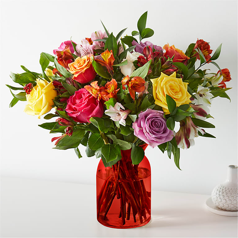 SMILES & SUNSHINE WITH RED VASE Flower Bouquet