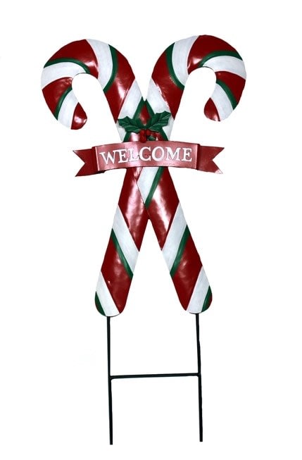 27" Metal Welcome Candy Cane Garden Stake Flower Bouquet