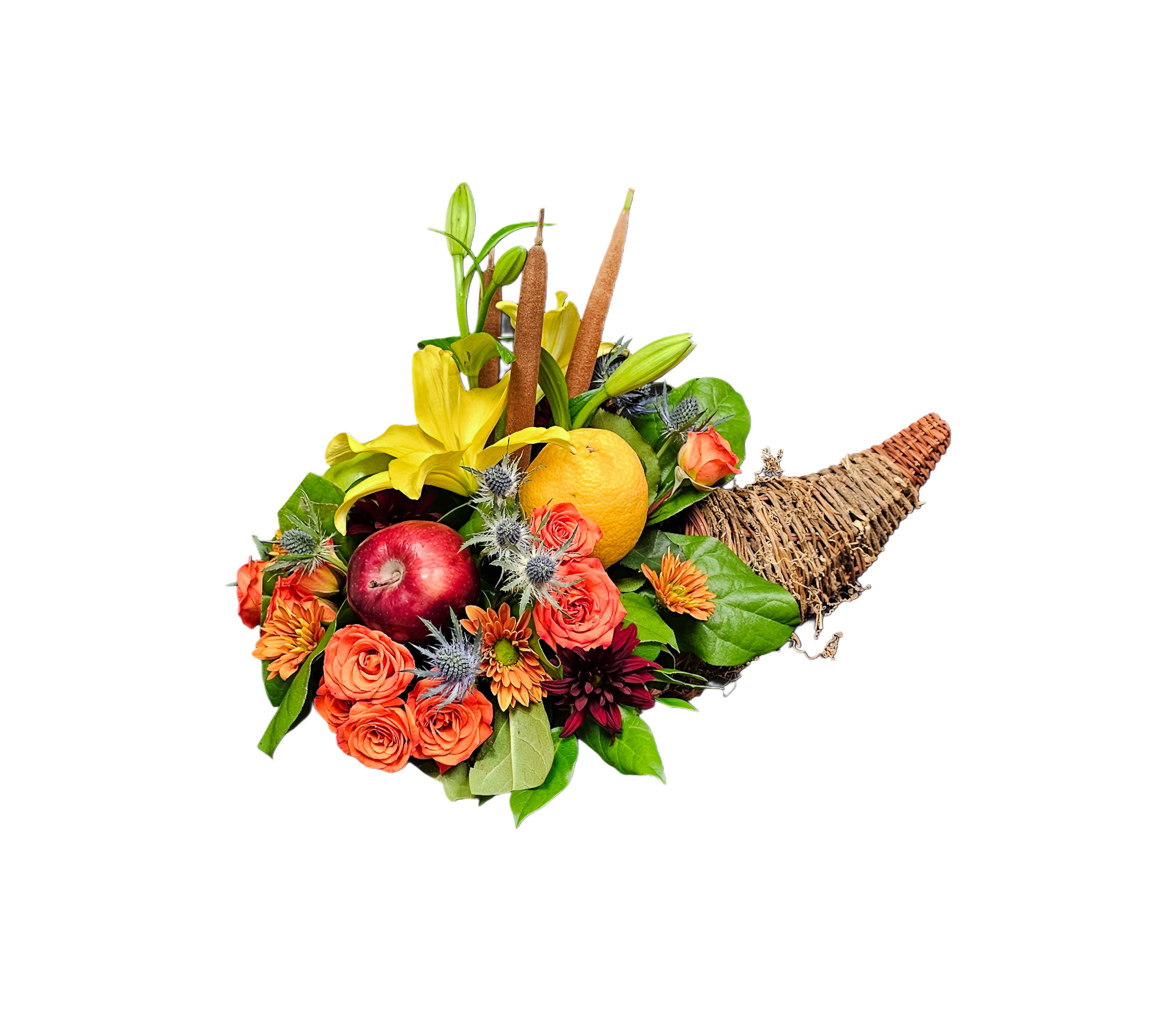 FL-6 Cornucopia con spray roses, lirios, cat tail, margaritas y frutas