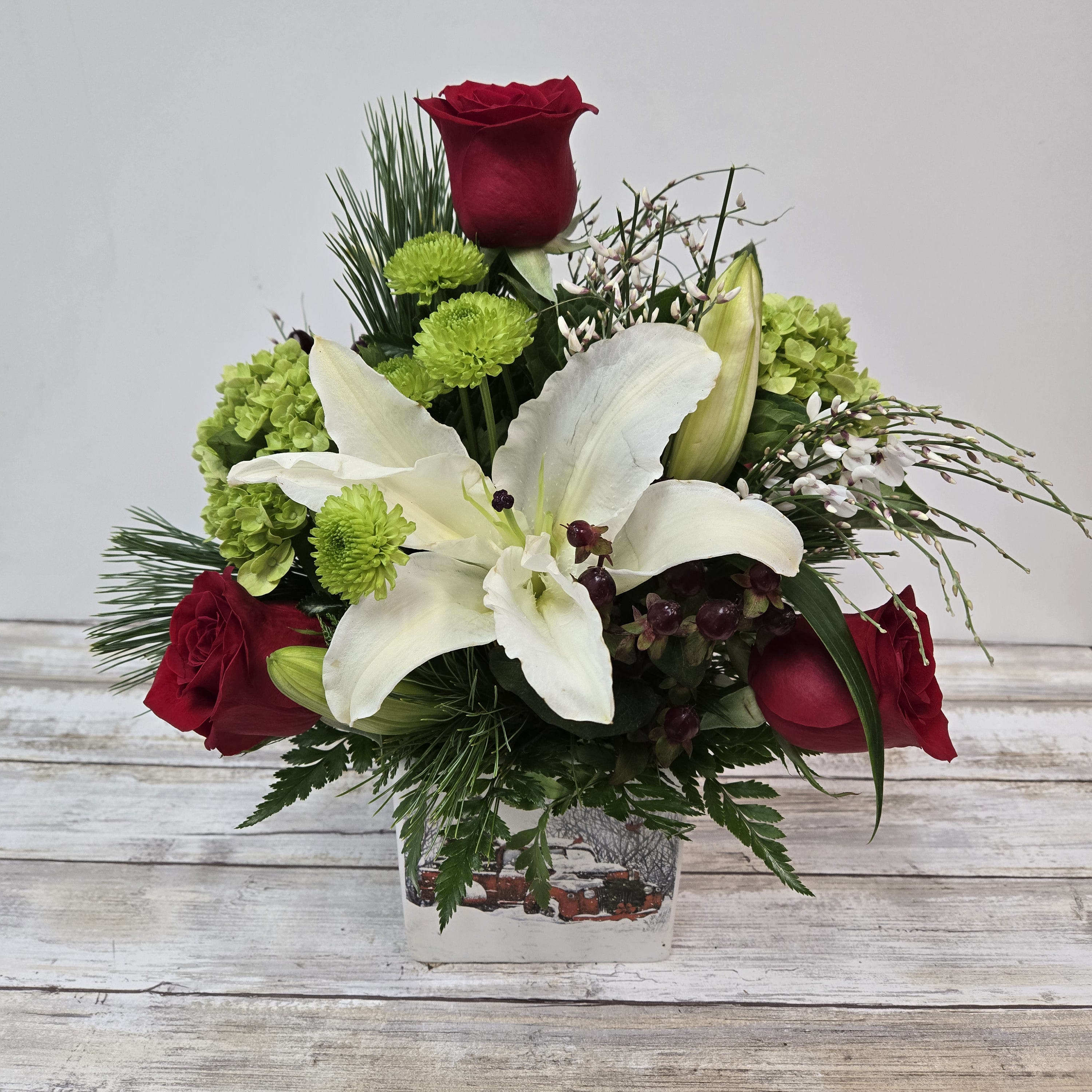 Holiday Rose and Lily Cube Flower Bouquet