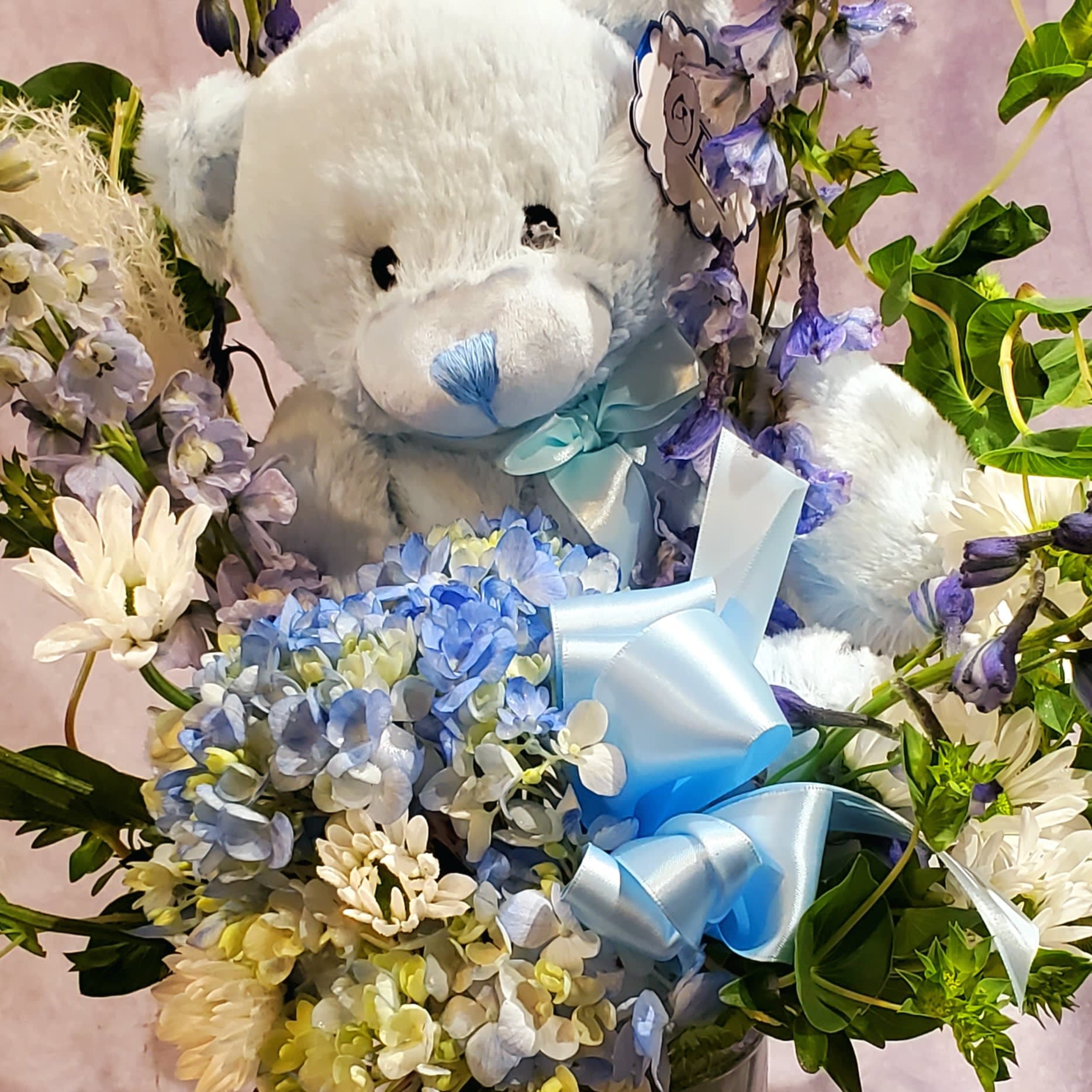 Baby Boy Flowers with Stuffie Flower Bouquet