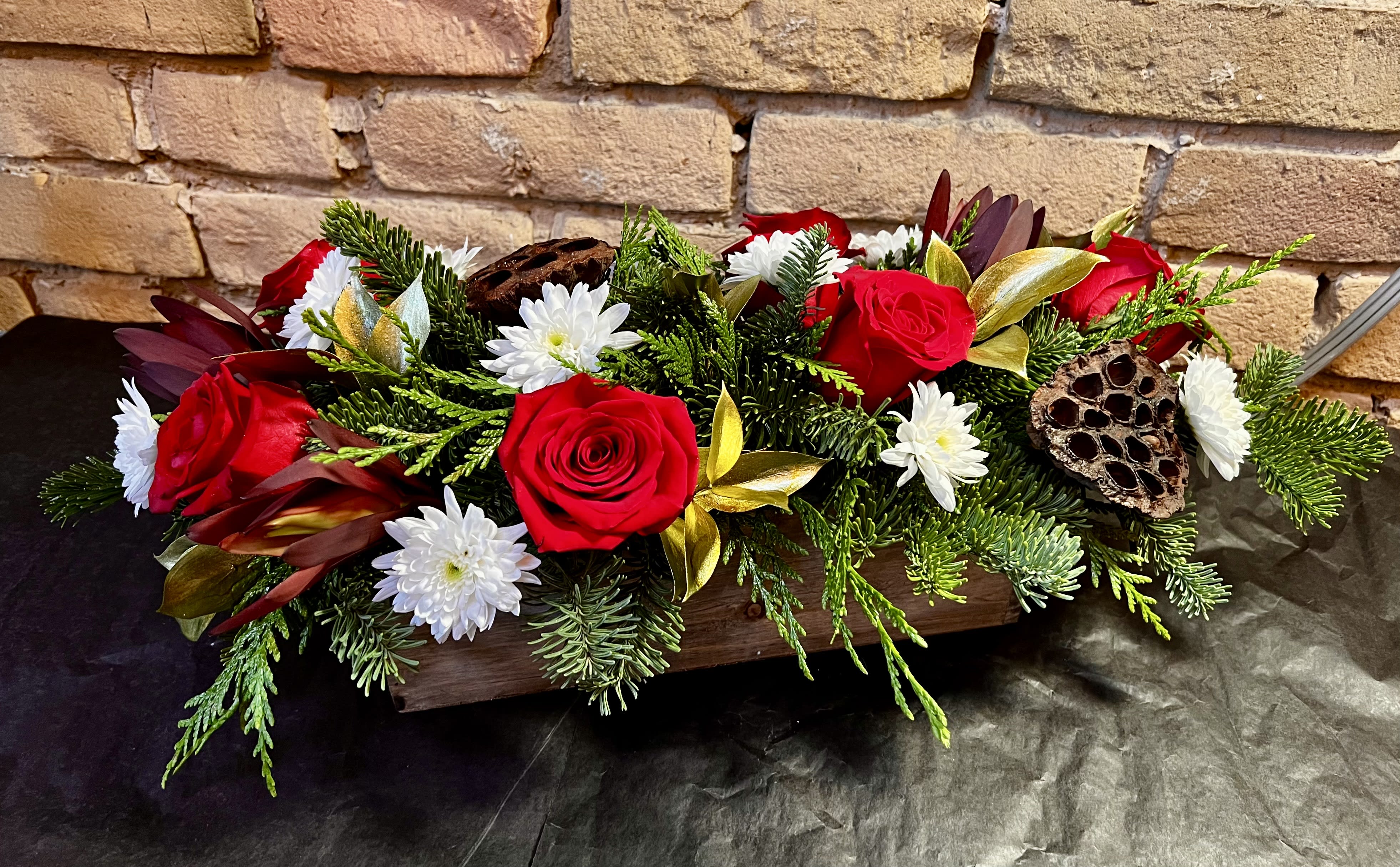 Wooden Box with Seasonal Red and Gold