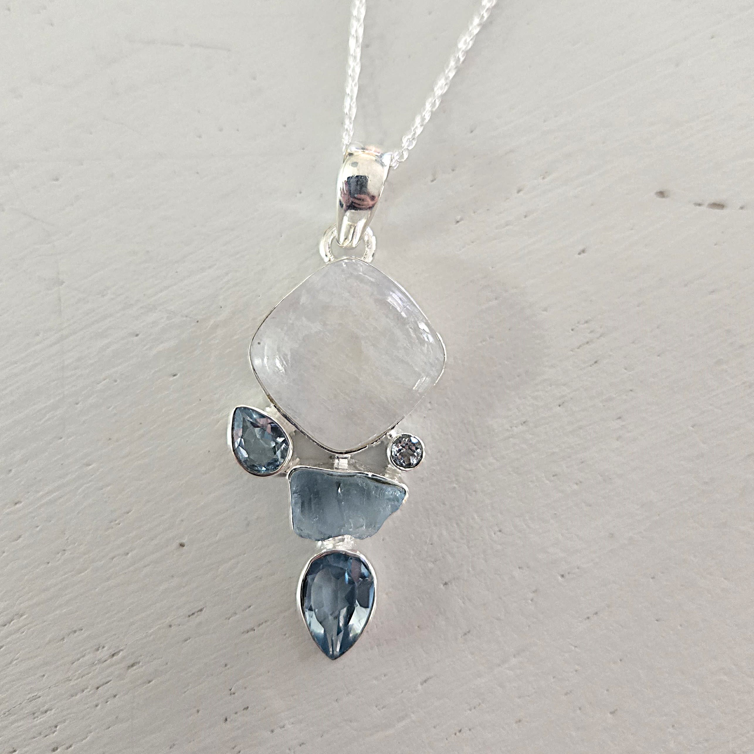 Moonstone Blue Topaz Necklace Flower Bouquet