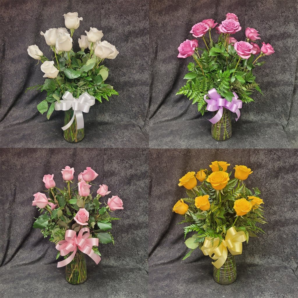RAC12VD - 12 Single Color Long Stem Roses Arranged - VALENTINES Flower Bouquet