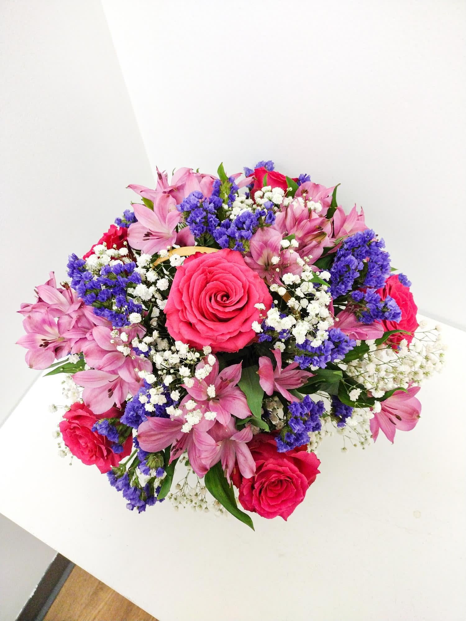 Basket in Pink Flower Bouquet