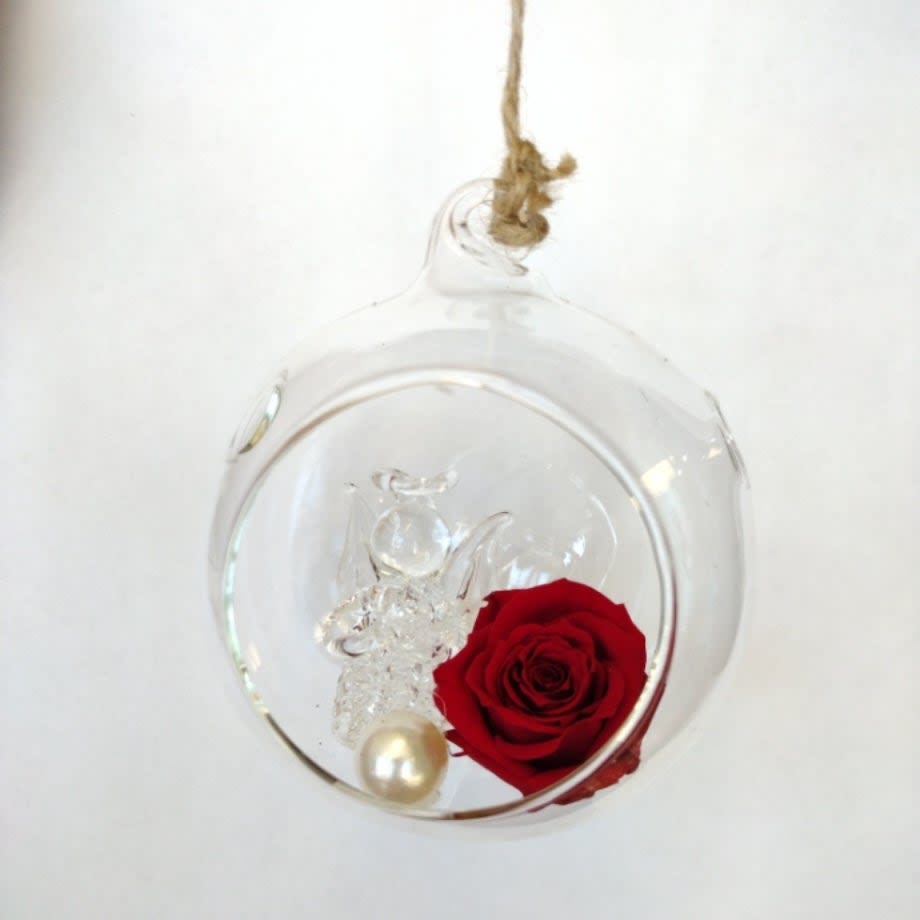 Glass Globe with glass Angel and Freeze Dried Rose