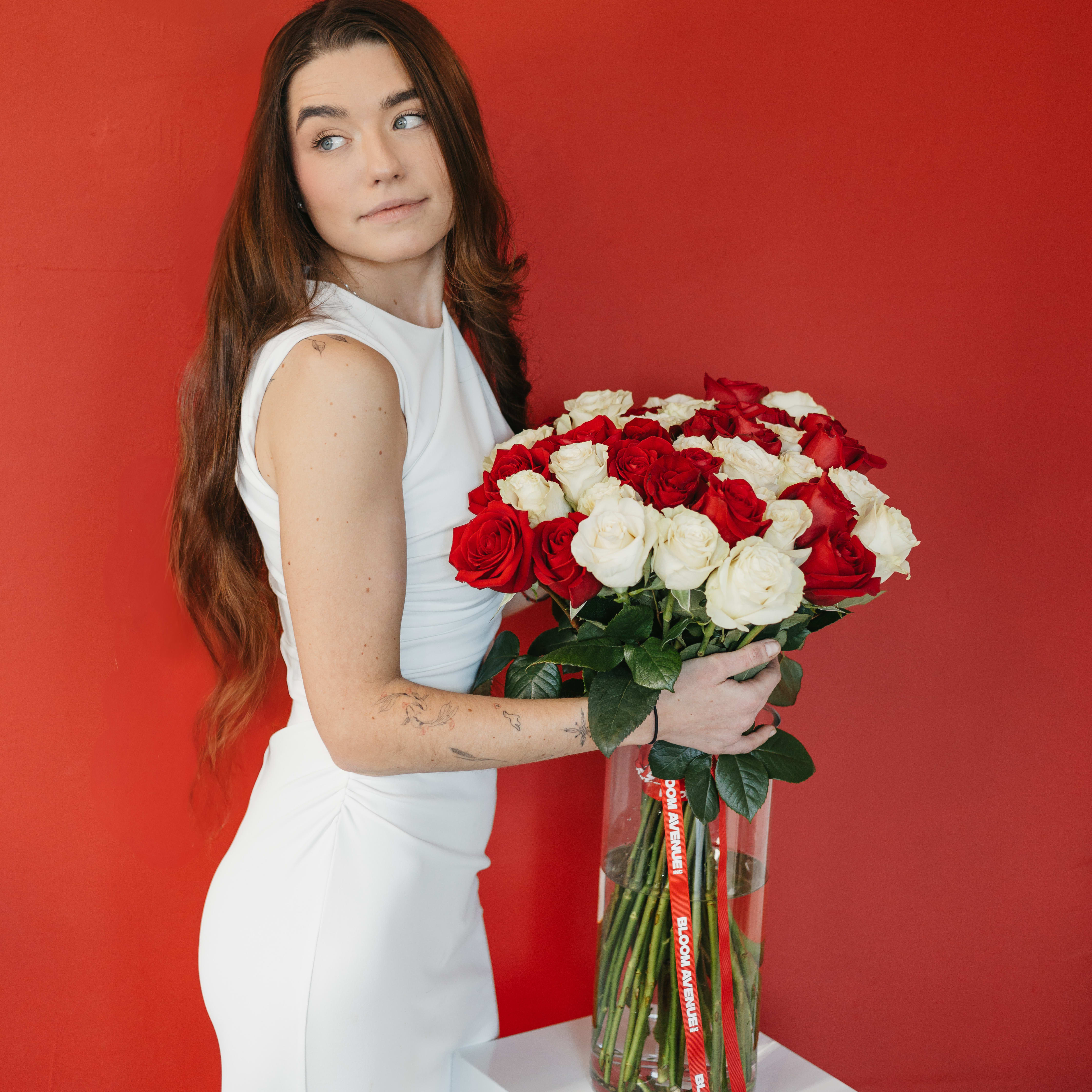 RED & WHITE ROSES IN A VASE