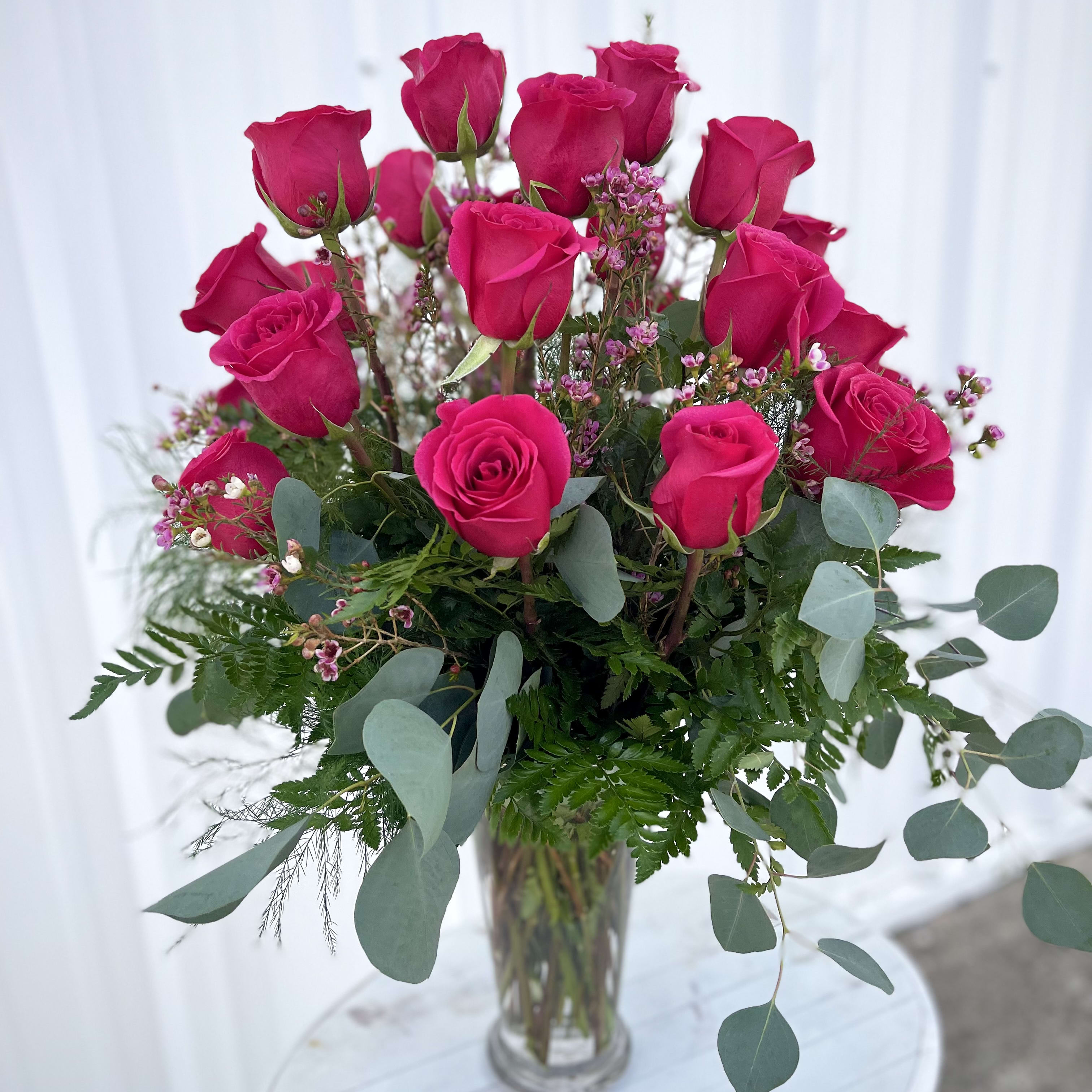 2 Dozen Hot Pink Roses in a vase
