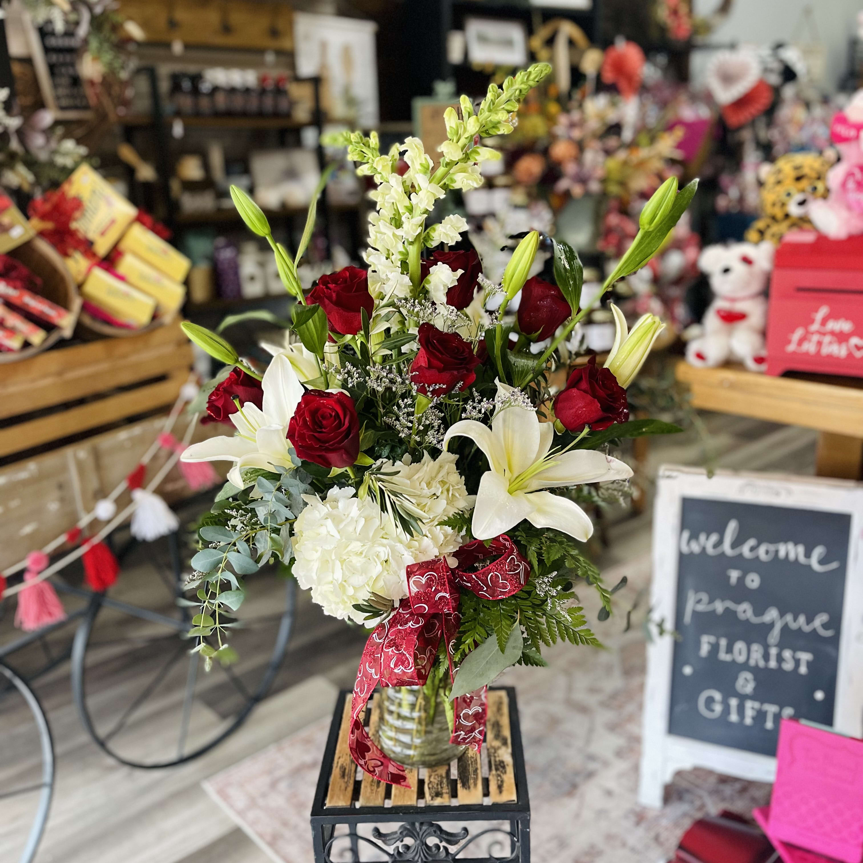 Dozen Red Roses with Premium White Flowers