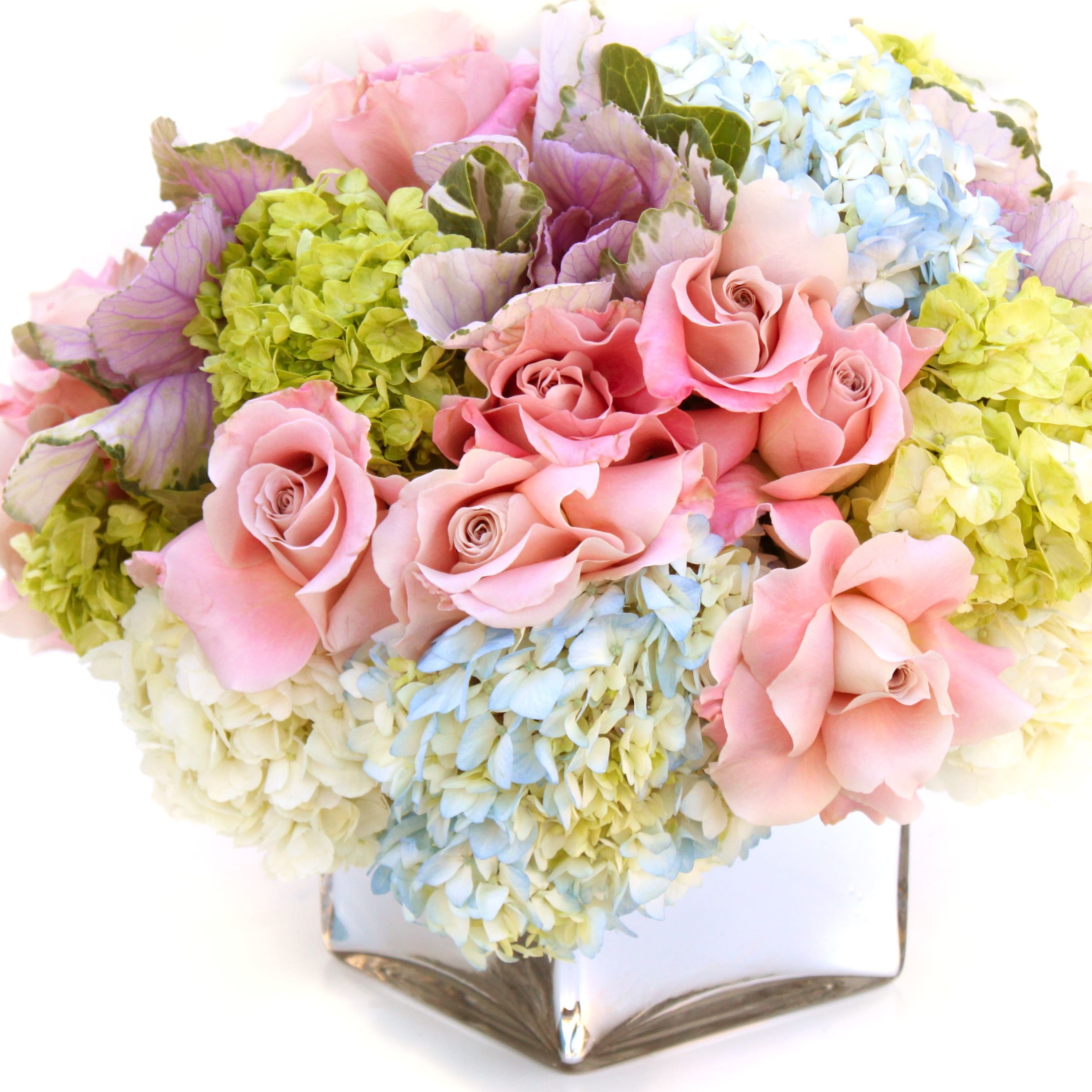 Pink Roses, blue and green Hydrangeas, lavender Kale