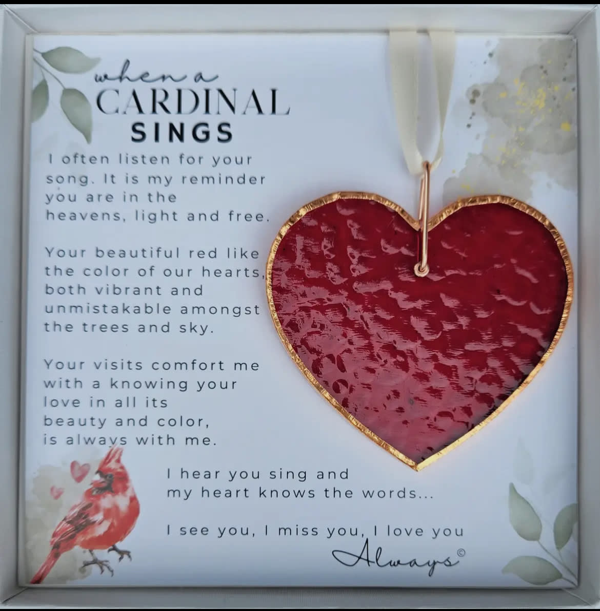 When A Cardinal Sings Memorial Stained Red Glass Heart Flower Bouquet