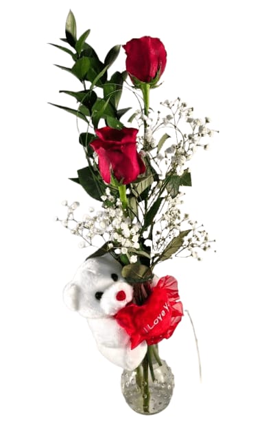 Roses in Vase & Teddy Flower Bouquet