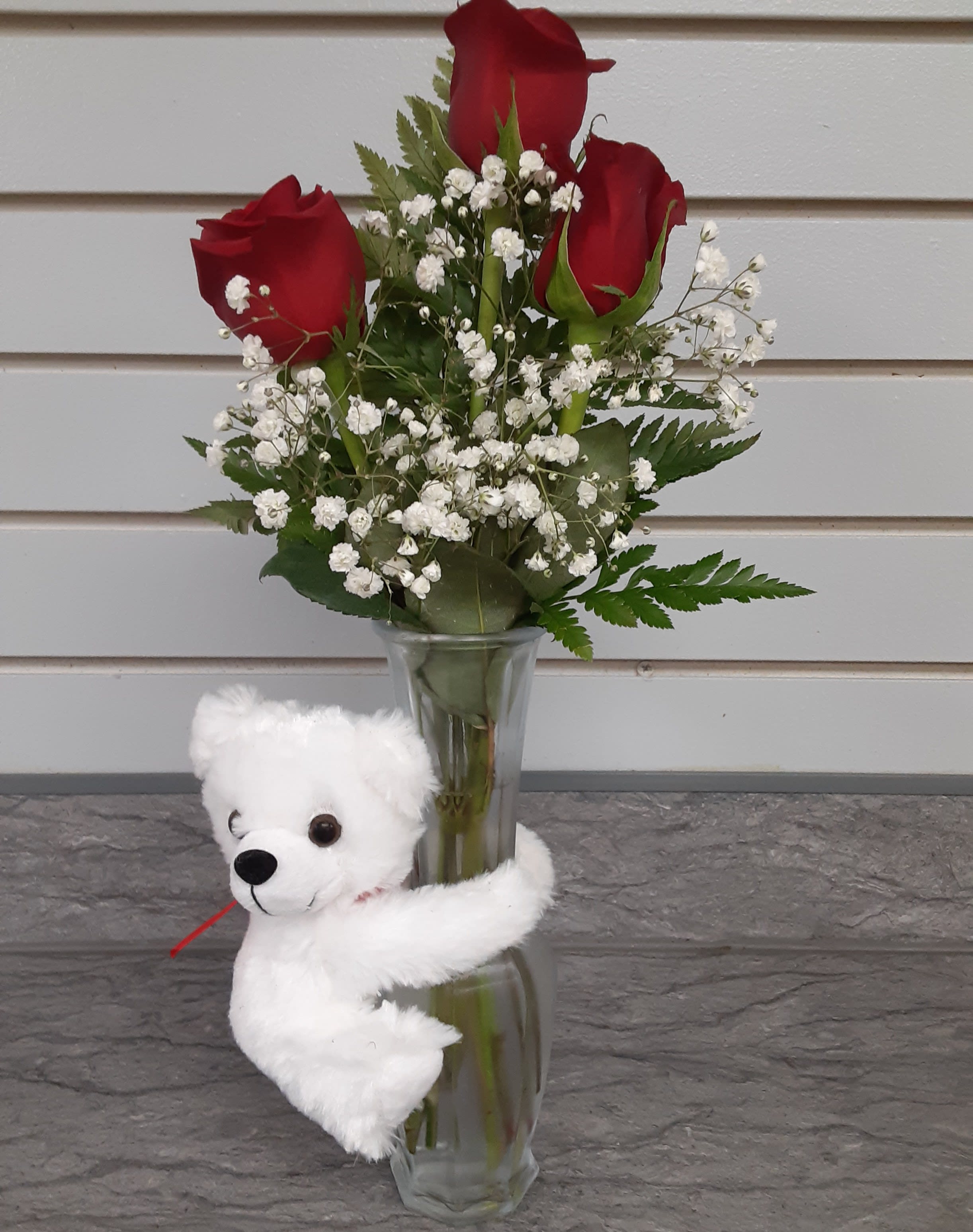 3 Rose Vase w/Plush Flower Bouquet