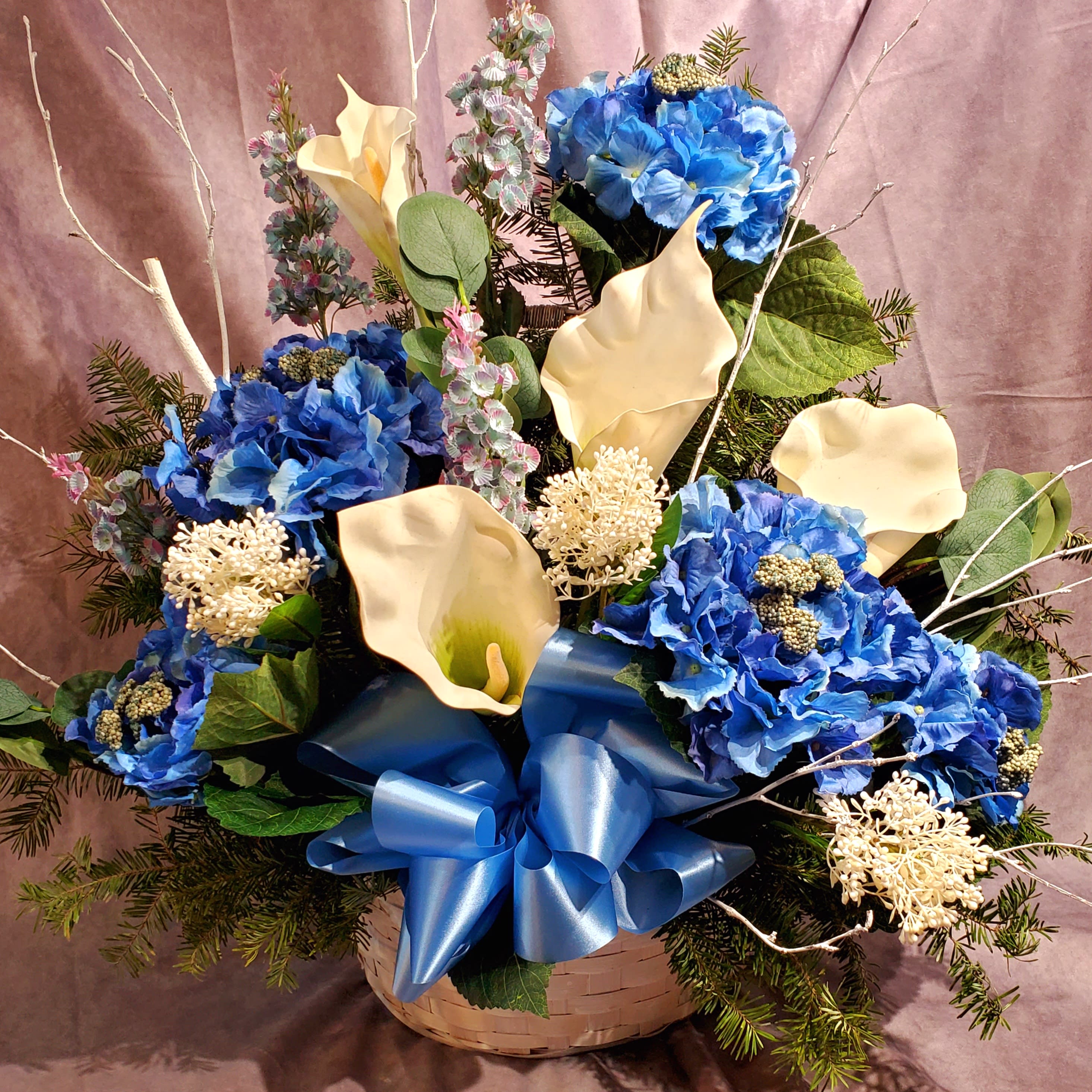 Cemetery Basket, Blue & White Flower Bouquet