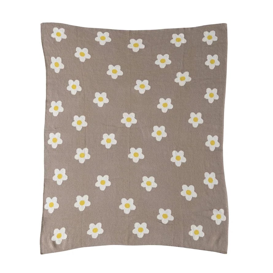 Cotton Knit Baby Blanket w/ Flowers